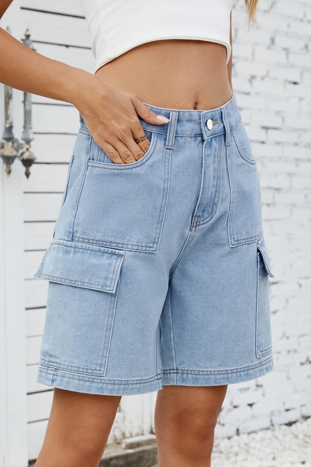 High Rise Denim Shorts with Cargo Pockets