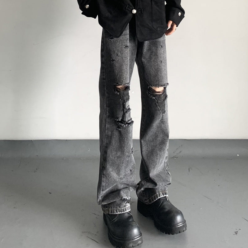 Water-Washed Black and Gray Distressed Knife-Cut Denim Pants for Unisex