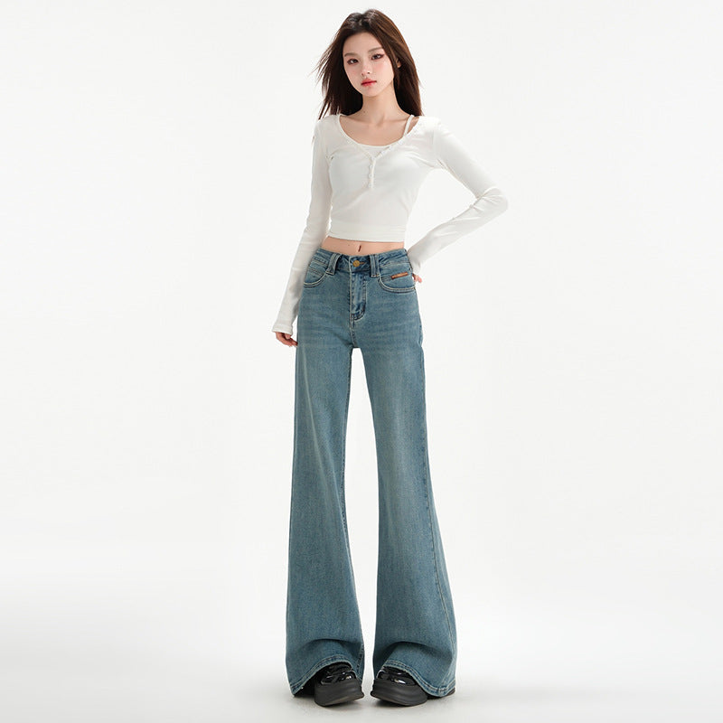 Retro Blue Non-tight Micro-flare Denim Pants for Women - Slimming Elegant Horseshoe Trousers