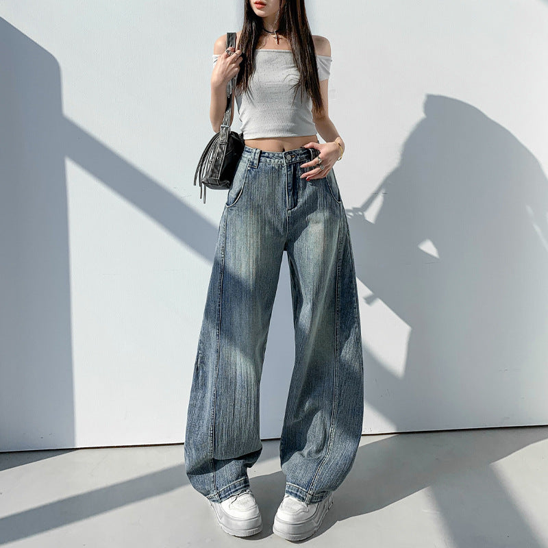 Retro Washed Slub Deconstructed Tapered Denim Pants for Women