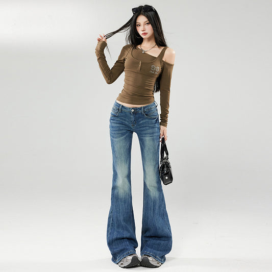 Women's Vintage Blue Low Waist Hip-Lifting Trumpet Pants