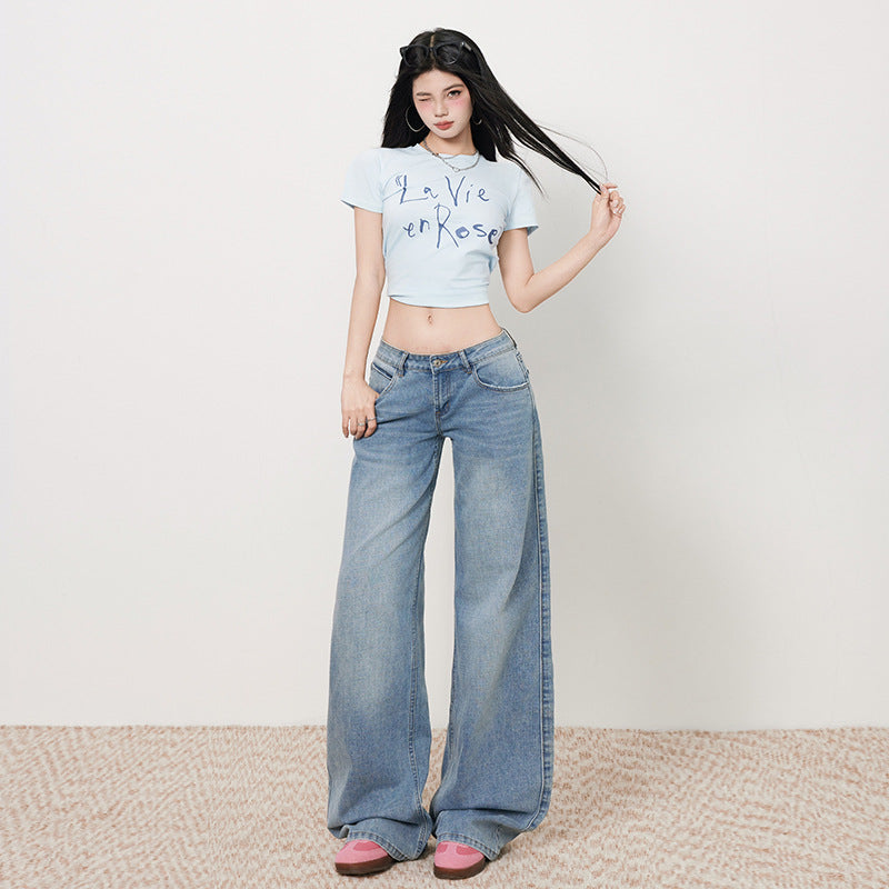 Women's Low-Waist Elastic Pattern Straight Jeans - Summer Light Color Wide-Leg Pants