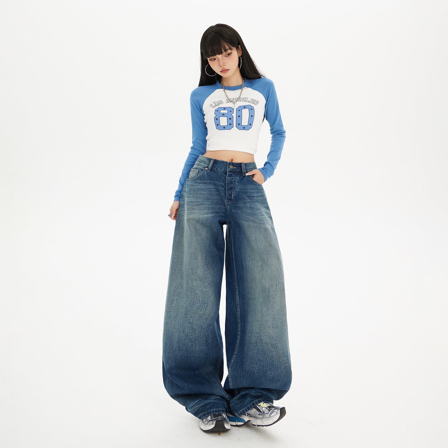 Women's Blue Knife-Leg Jeans - Gradient High-Waist Loose Wide-Leg Pants