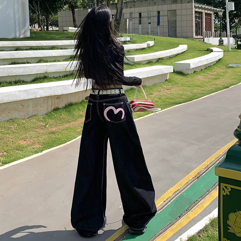 Heart Print Wide Leg Jeans - Women's High Waist Casual Pants