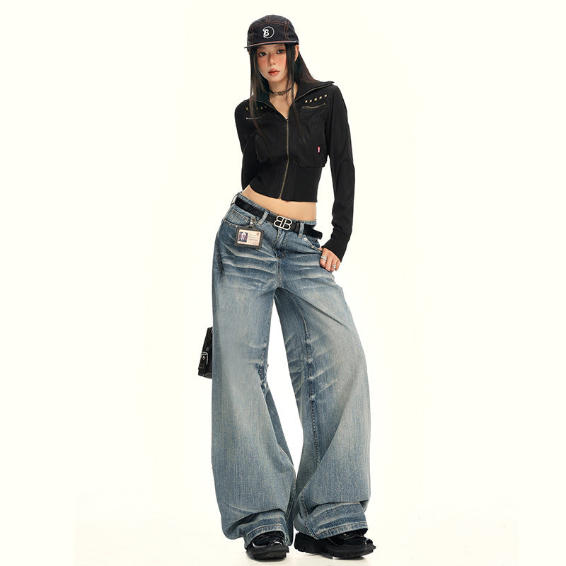 Women's Seamless High-Waist Denim Pants - Loose Fit Slimming Wide-Leg Trousers