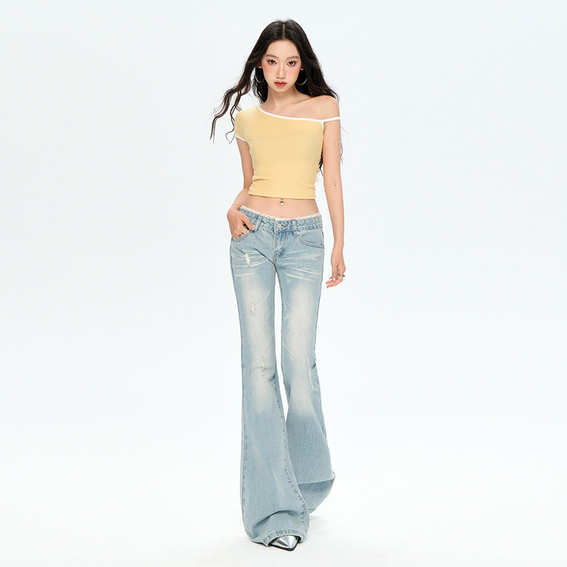 Light Blue Lace Waist Denim Pants - Low Waist Slim Straight Leg Flare Trousers