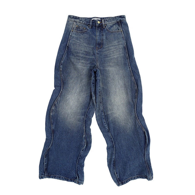 Men's Wave Pants - Water Washed Distressed Loose Straight Jeans