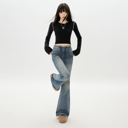 Retro Flared Denim Pants for Women - High Waist Slim Frayed Hem