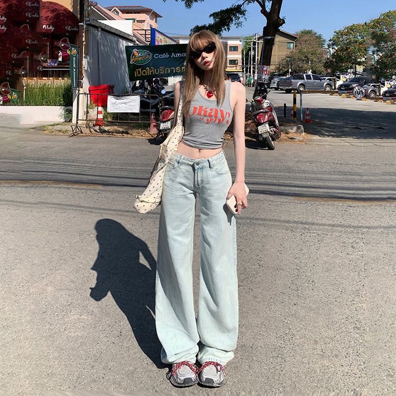 Women's Light Blue Wide Leg Loose Floor-Length Jeans