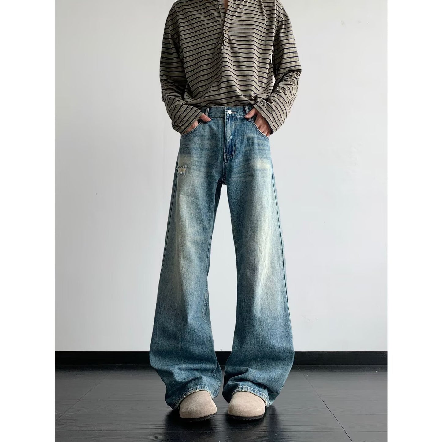 Light Blue Men's Cat Whisker Washed Wide Leg Casual Pants
