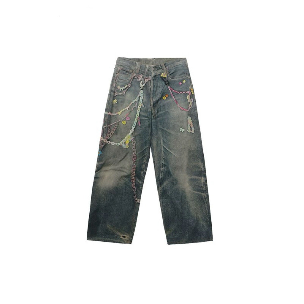 New 3D Candy Chain Printed Imitation Jeans - Loose Fit