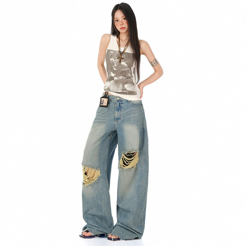Women's Blue Distressed Straight Jeans - High Waist Loose Wide Leg Pants