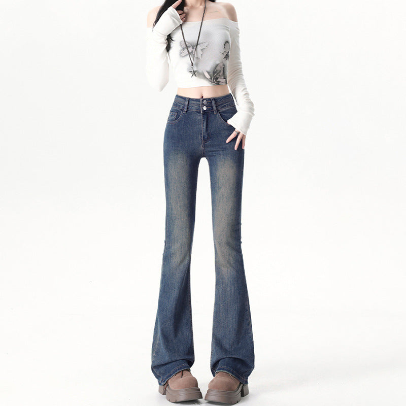Individual Street Style Double Button Flared Jeans for Women - High Waist Slimming Hoof Bell Bottom Denim Pants