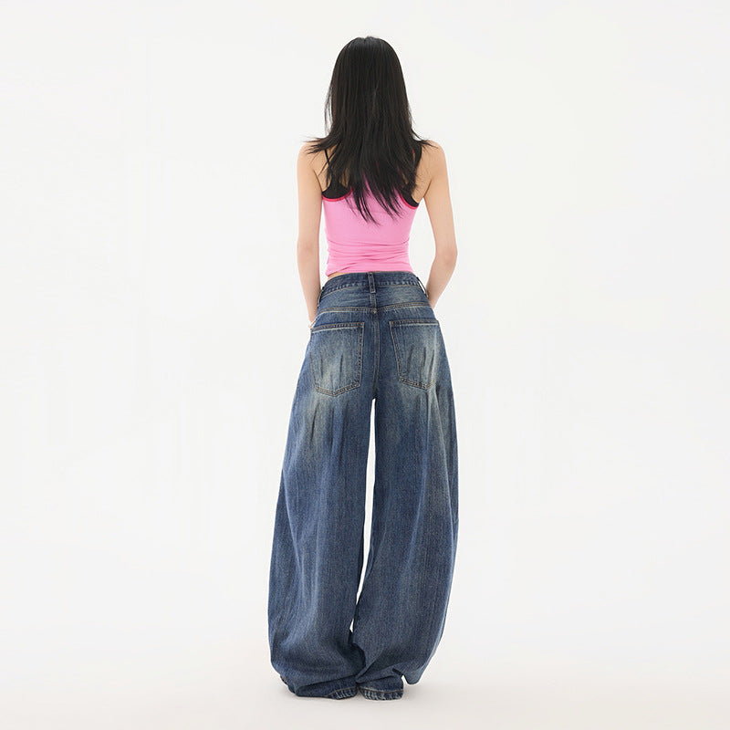 Women's Washed Distressed Mid-Waist Wide-Leg Pants Scissors Denim Trousers