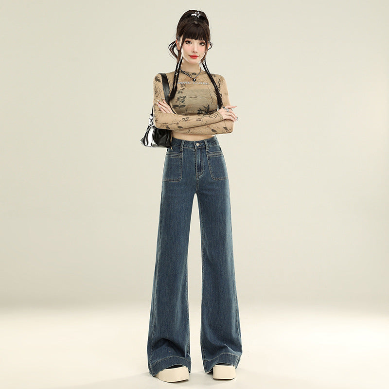 Wide-Leg Denim Pants for Women - Low Waist Loose Flared Trousers