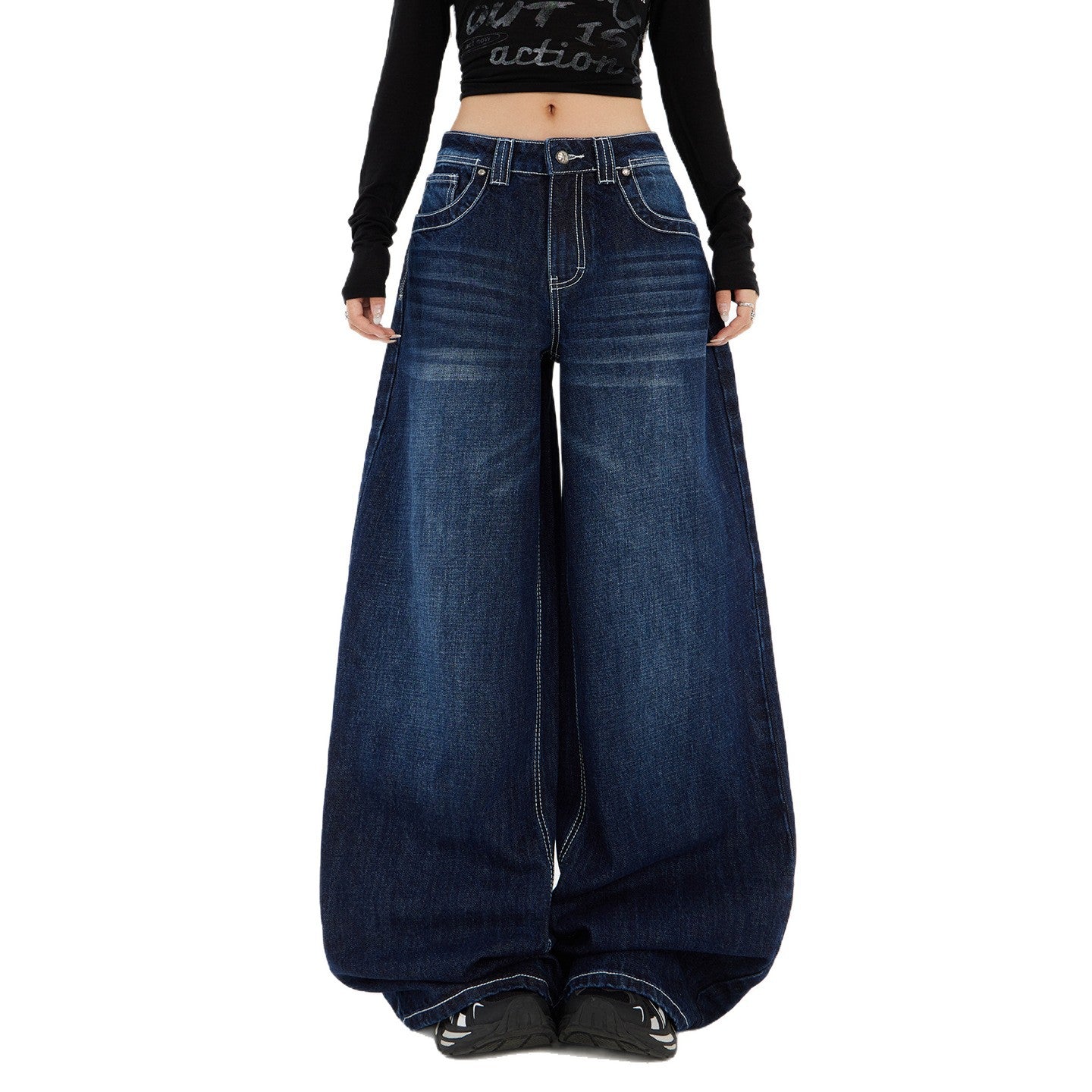 Women's Dark Blue High-Waist Wide-Leg Jeans