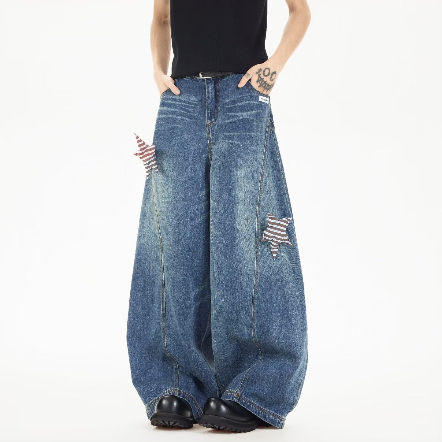 Star Bending Knife Denim Casual Loose Wide Leg Pants