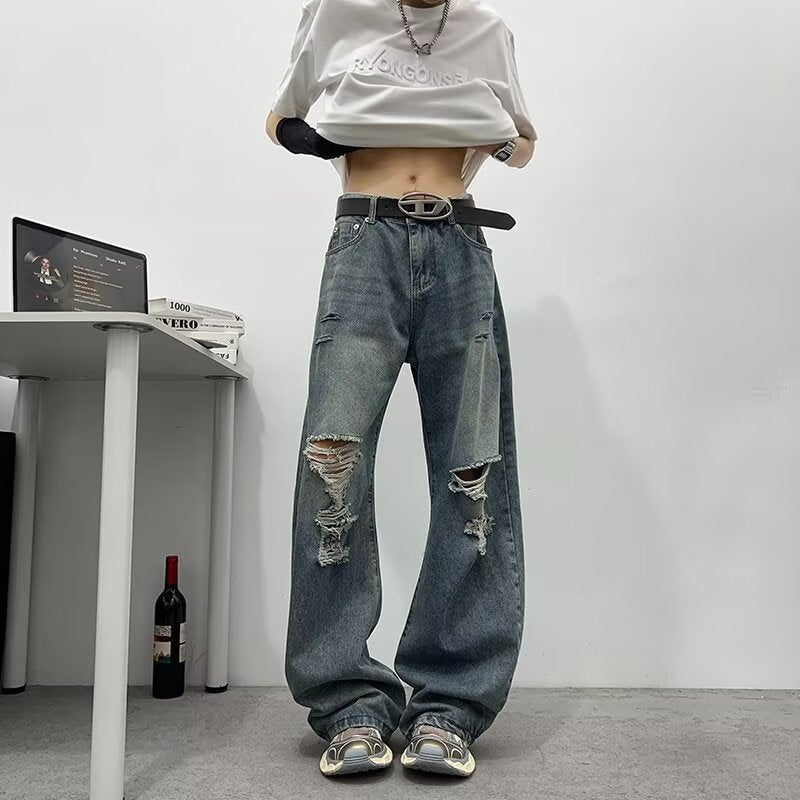 Bamboo Patterned Distressed Jeans with Holes