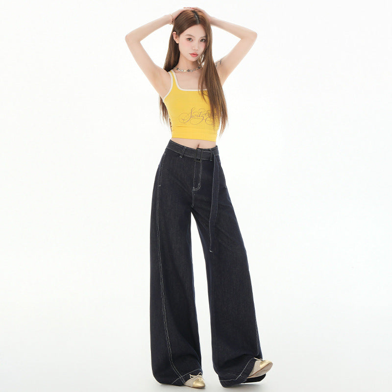 Women's Denim Blue High-Waisted Wide-Leg Knife-Edge Pants