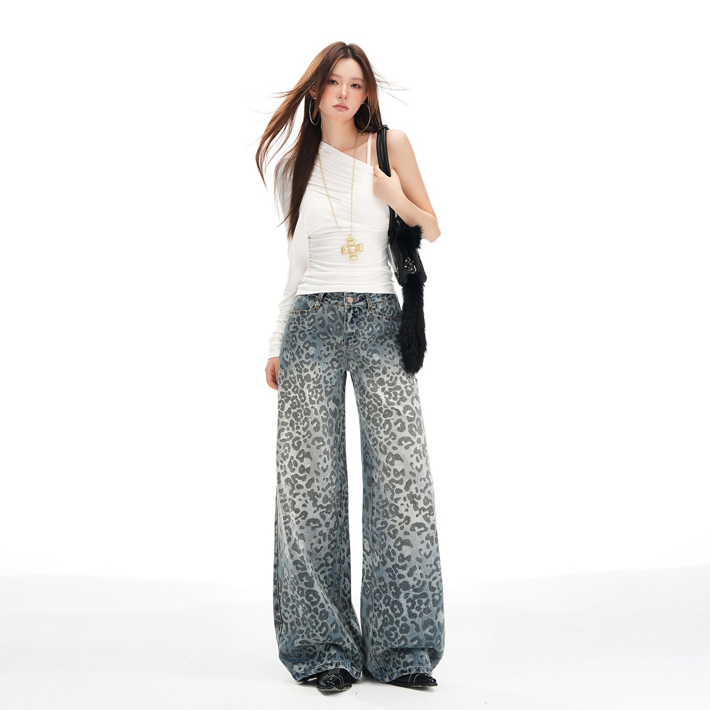 Women's Leopard Print Wide Leg Jeans - Casual Loose Fit Trousers
