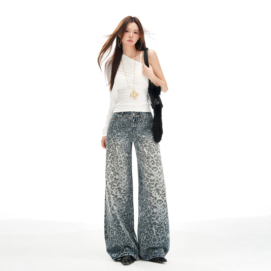 Women's Leopard Print Wide Leg Jeans - Casual Loose Fit Trousers