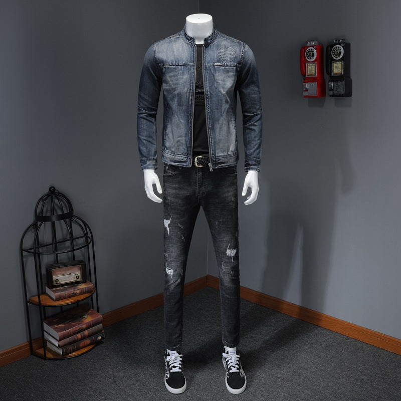 Men's Casual Zipper Washed Denim Jacket - Stand Collar for Autumn and Spring