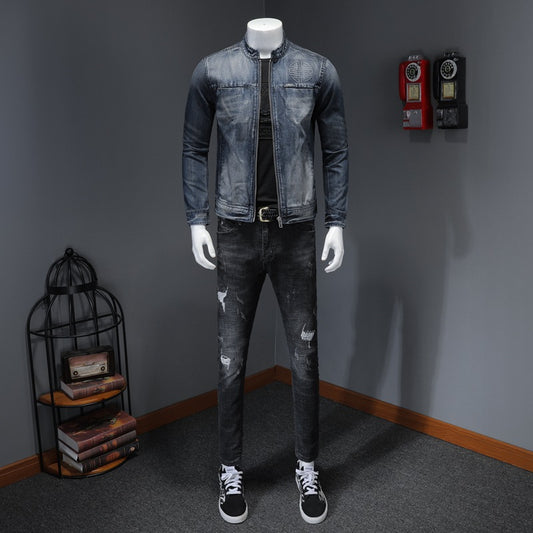 Men's Casual Zipper Washed Denim Jacket - Stand Collar for Autumn and Spring