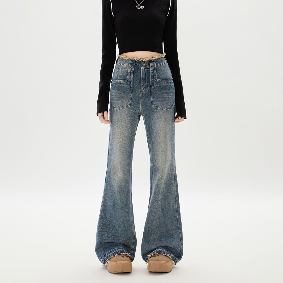 Retro Flared Denim Pants for Women - High Waist Slim Frayed Hem