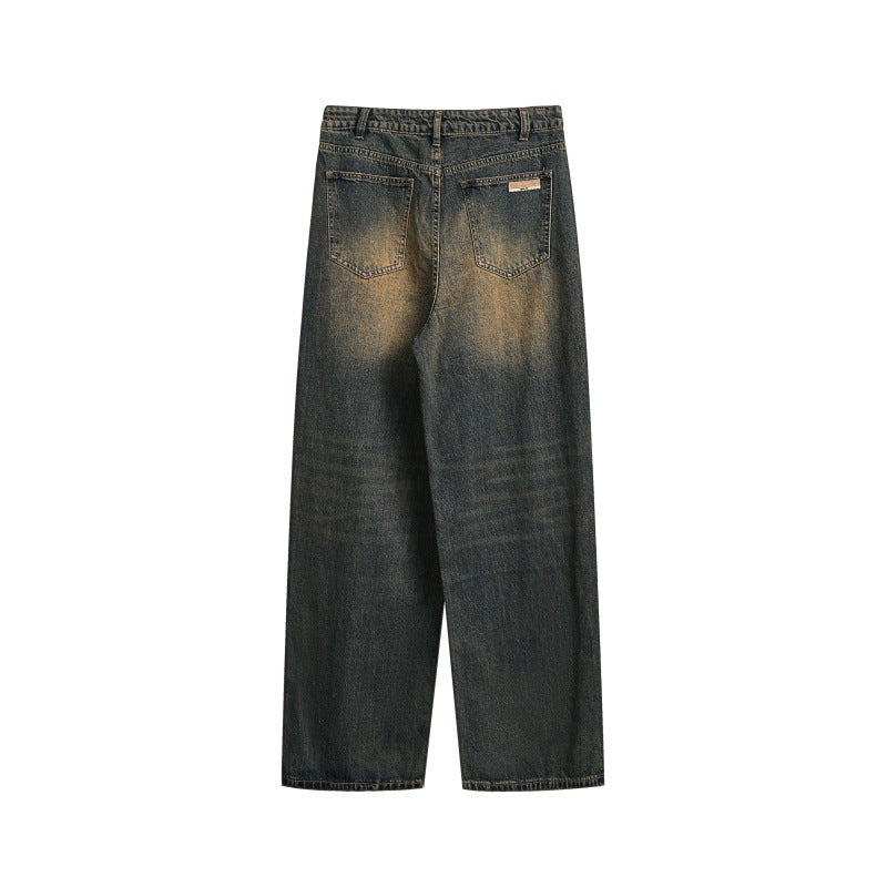 Washed Yellow Mud Color Distressed Loose Straight Leg Jeans