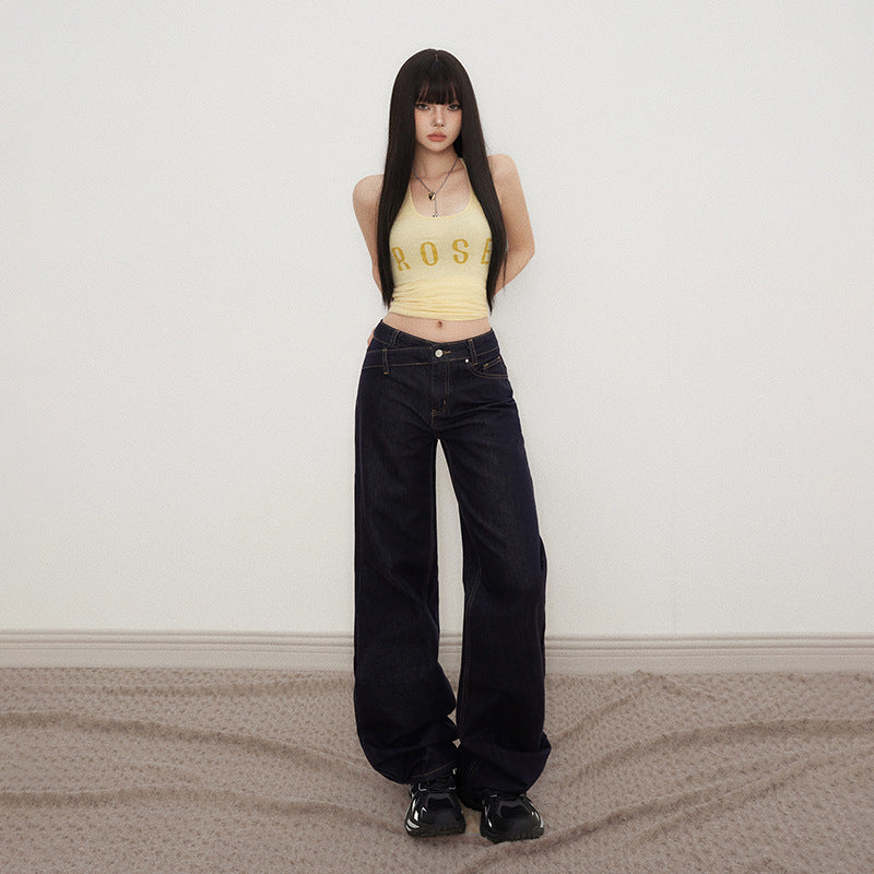 Retro Low-Waist Loose Straight Leg Jeans with Irregular Waist Design for Women