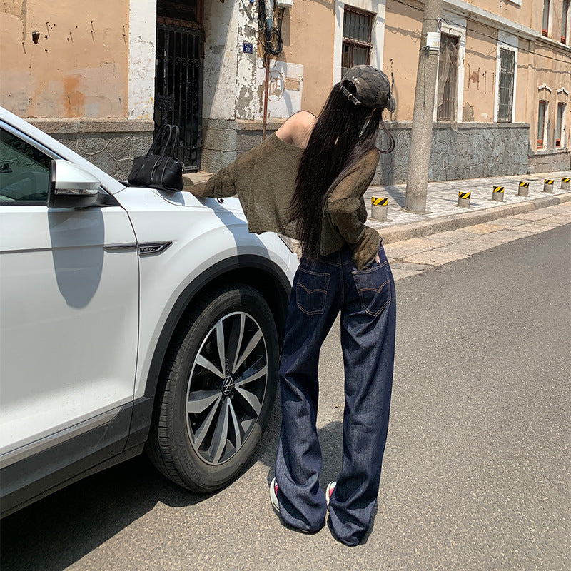 Lyocell Tencel Dark Blue Wide Leg Jeans for Women - Low Waist Loose Slimming Drape Pants