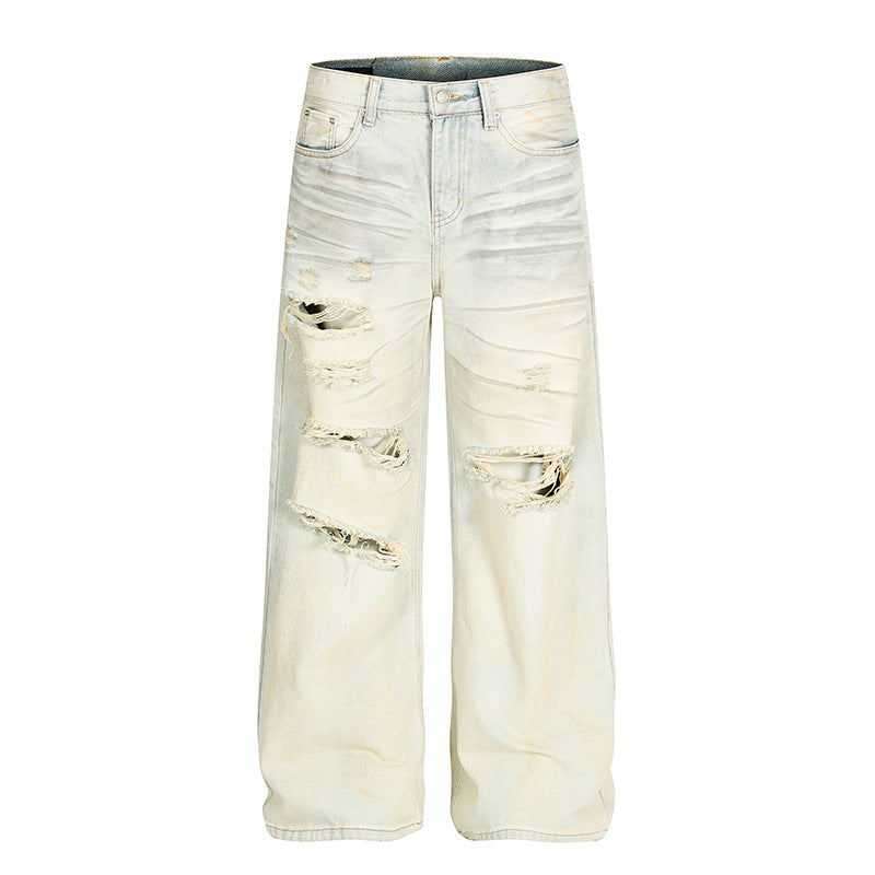 Dirty Dyed Ripped Denim Jeans - Mid Waist, Loose Fit