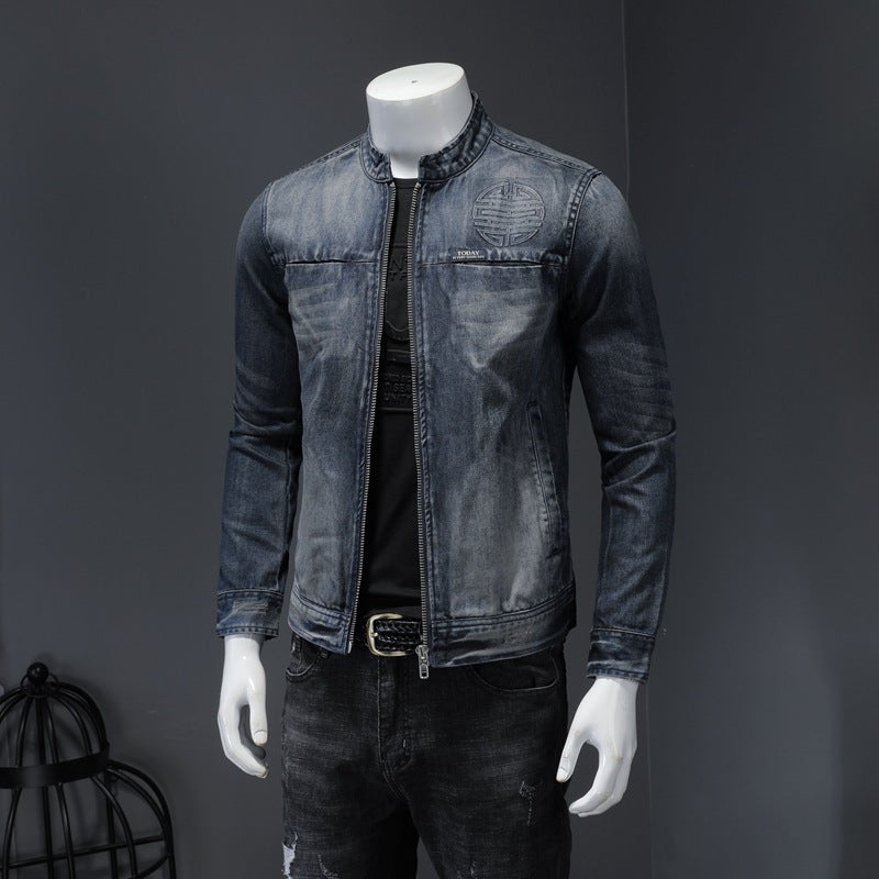 Men's Casual Zipper Washed Denim Jacket - Stand Collar for Autumn and Spring