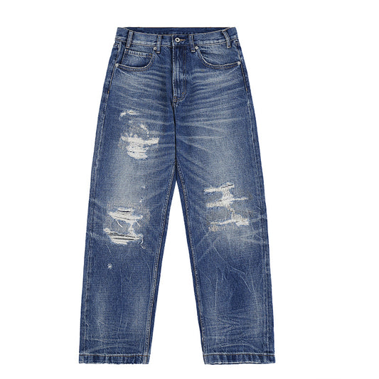 Men's Water-Washed Distressed Straight Jeans with Loose Wide Legs