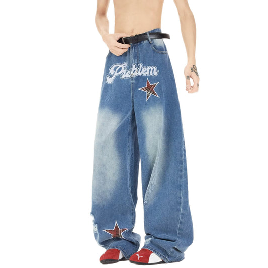 Star Embroidered Cowboy Loose Wide Leg Casual Pants