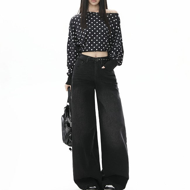 Style Black Gray High Waist Jeans for Women - Loose Slim Straight Leg Wide Leg Long Pants