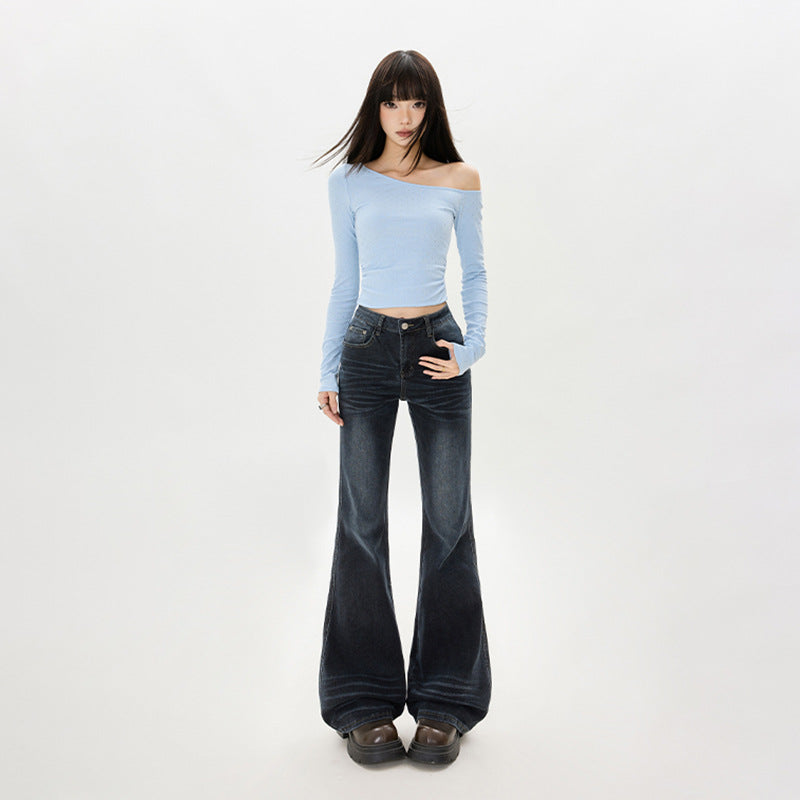 Style Flared Denim Pants for Women - Low Waist, Slim Fit, White Washed Pants