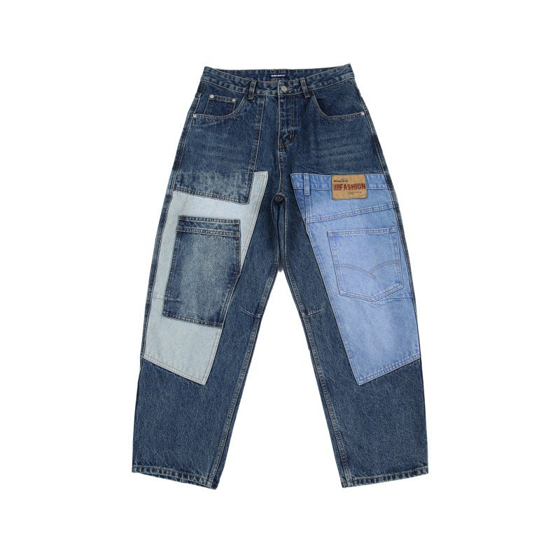 Men's Printed Straight Leg Wide Leg Patch Jeans - Premium Japanese Denim