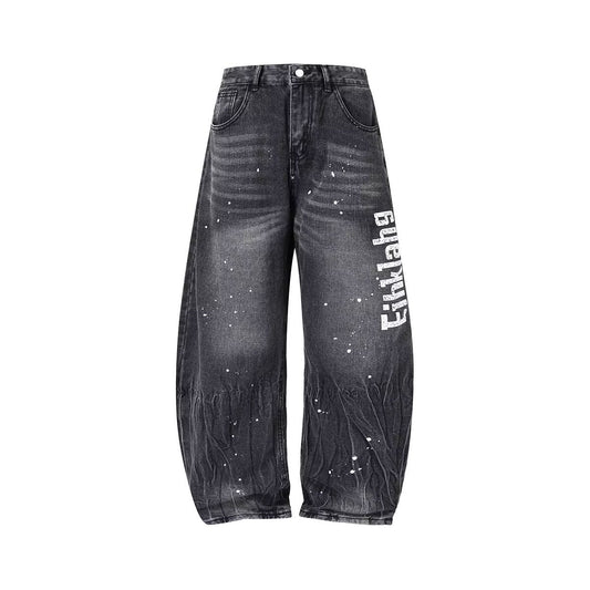 Splash Ink Wash Wide Leg Denim Loose Casual Curved Knife Pants
