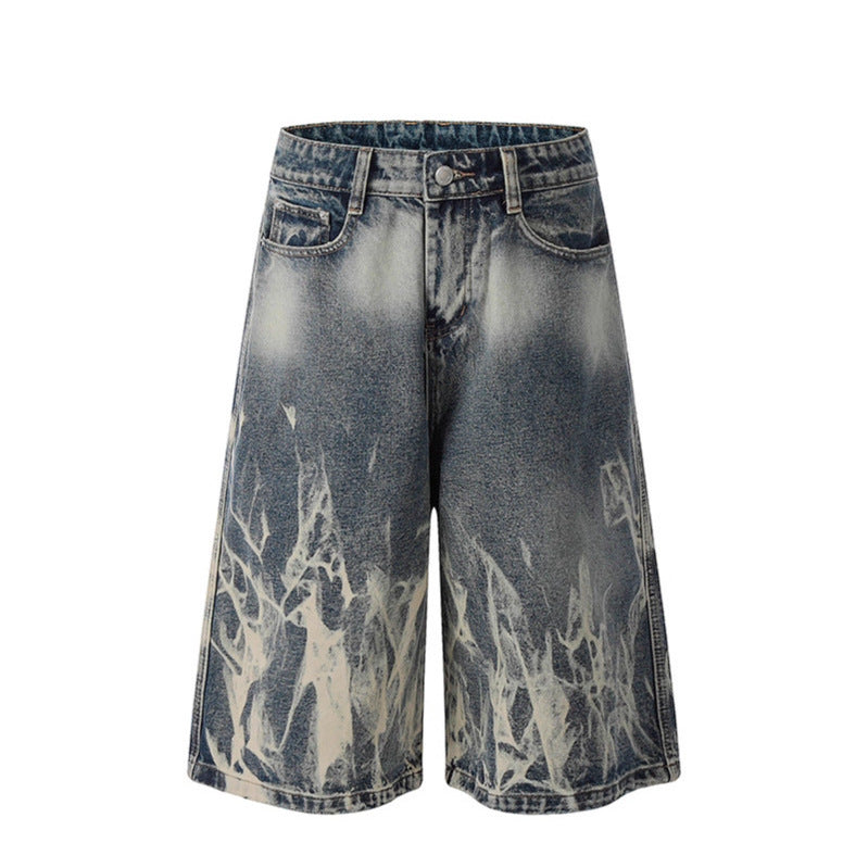 Lightning Patterned Denim Seven Quarter Shorts for Modern Street Style
