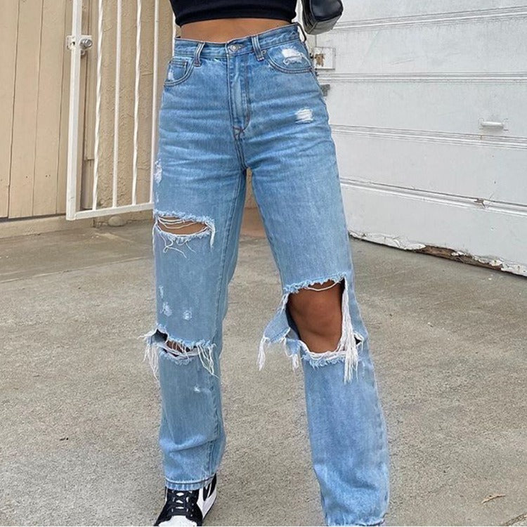 High Waist Straight Women's Ripped Jeans - Blue Denim Fashion Trousers