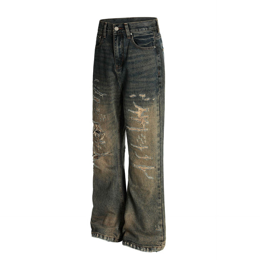 Personalized Retro Washed Dirty Dyed Denim Straight Leg Micro Flared Pants