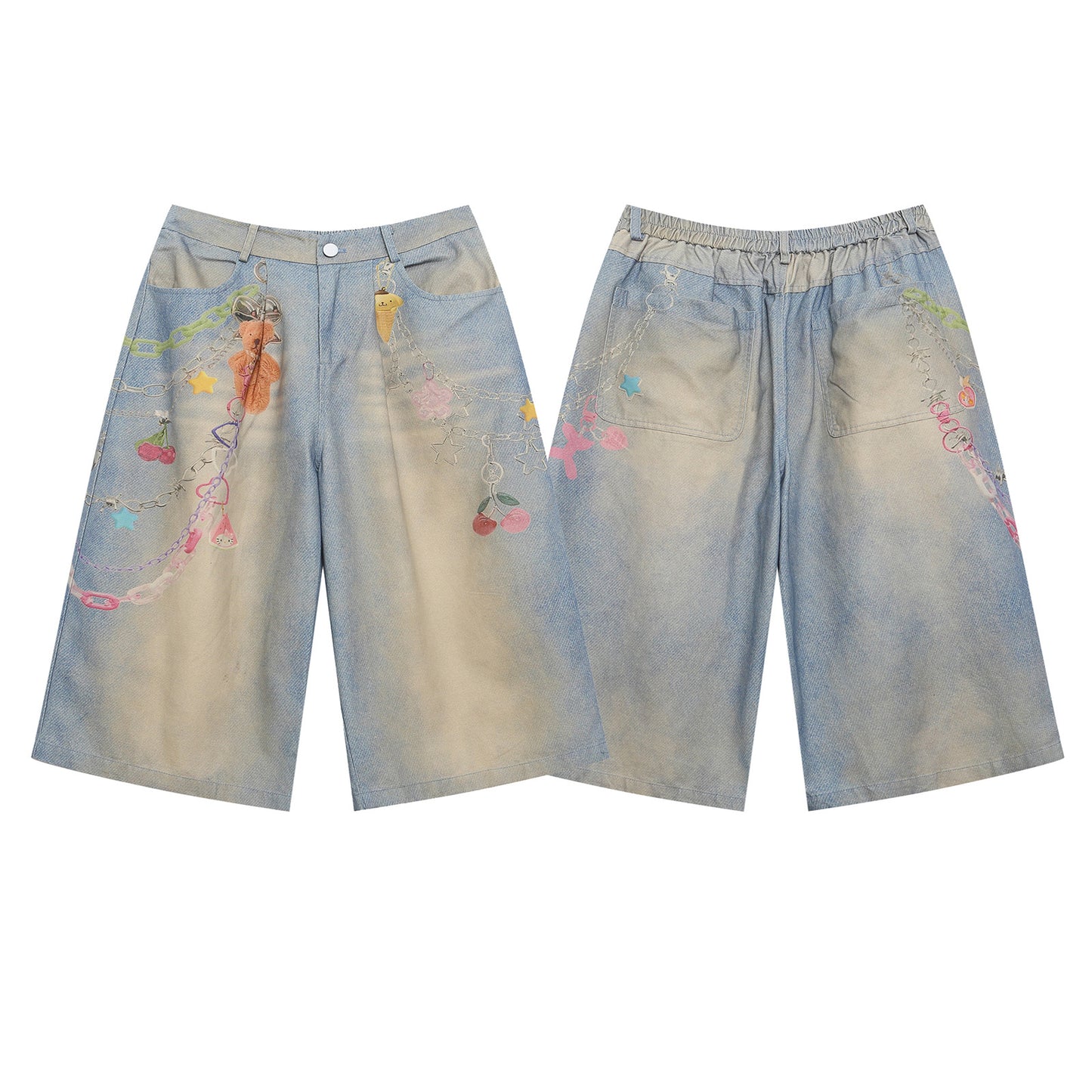 Retro Cartoon Chain Print Loose Wide-Leg Mid-Length Denim Shorts for Men