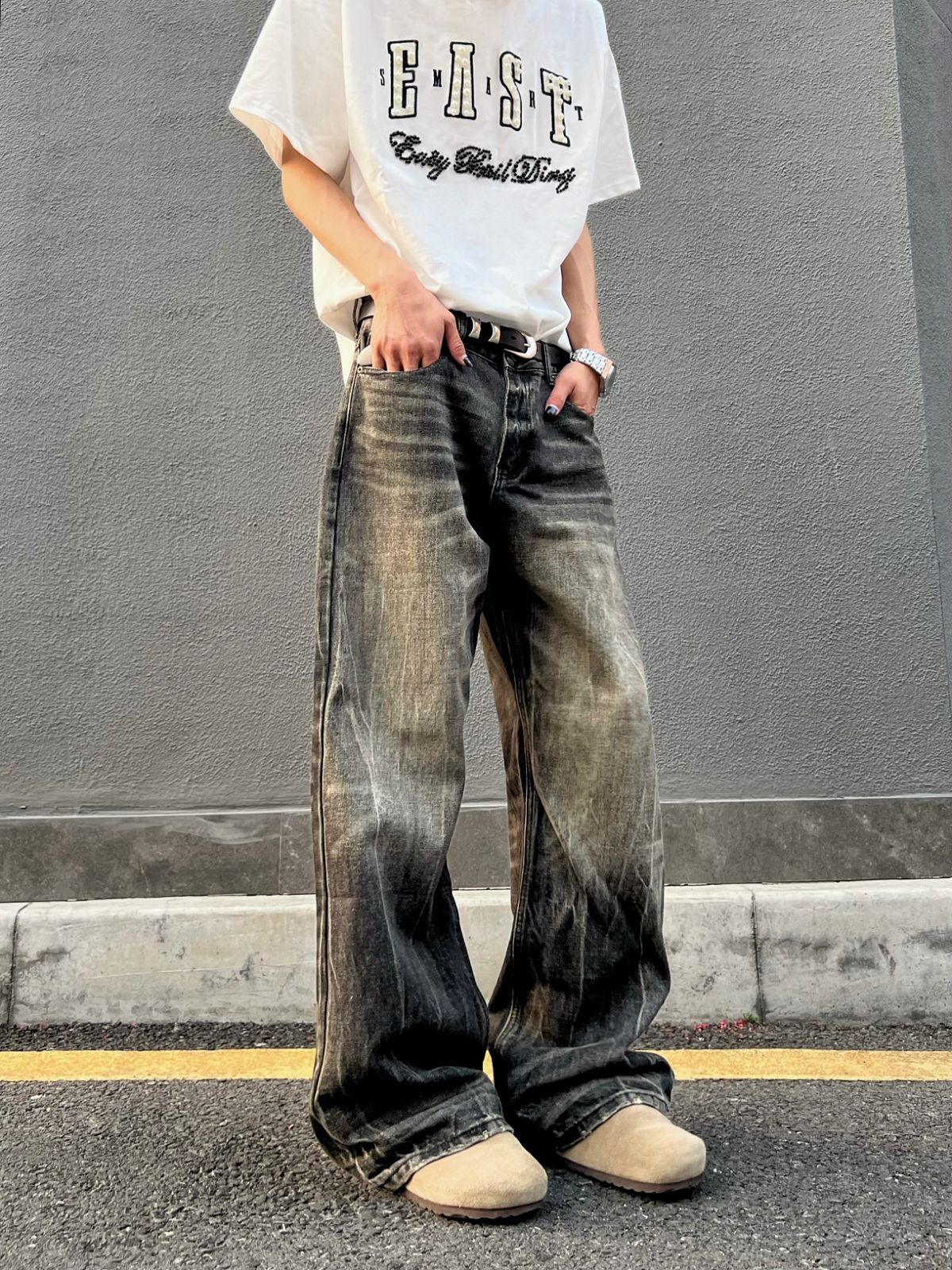 Washed Retro Distressed Black Gray Denim Straight Leg Wide Leg Long Pants