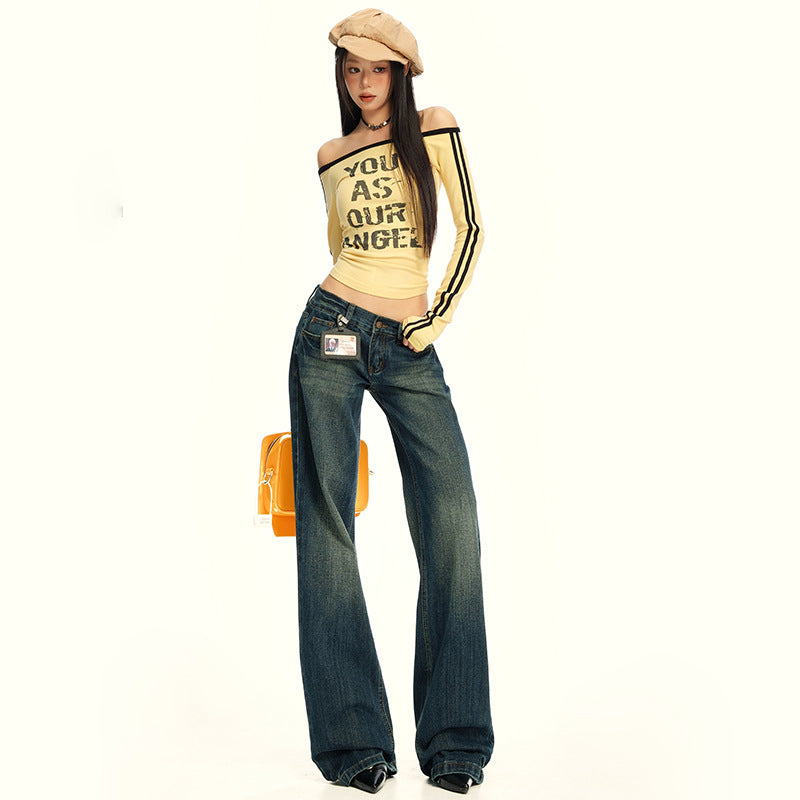 Women's Water-Washed Bamboo Node Pattern Denim Pants - Low Waist Slimming Straight