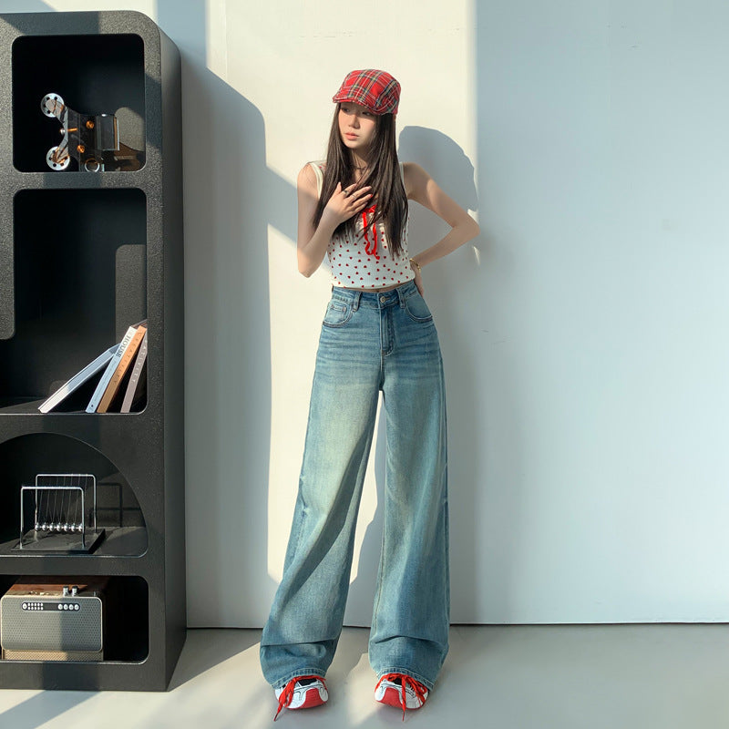 Klein Blue Wide-Leg Jeans for Women – Soft Elastic, Loose Drape, Straight Floor-Length Pants