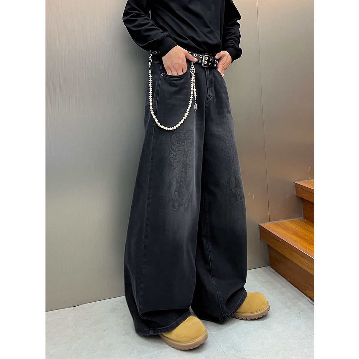 Skeleton Print Washed Denim Jeans Wide Leg Pants