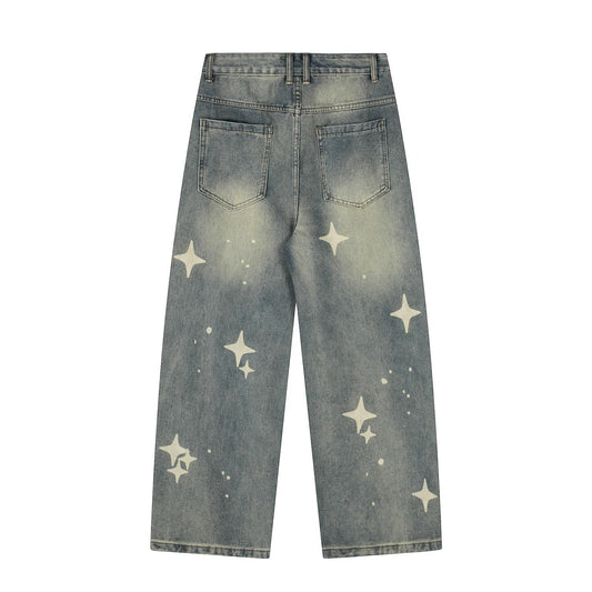 Retro Hip-Hop Star Print Ripped Jeans