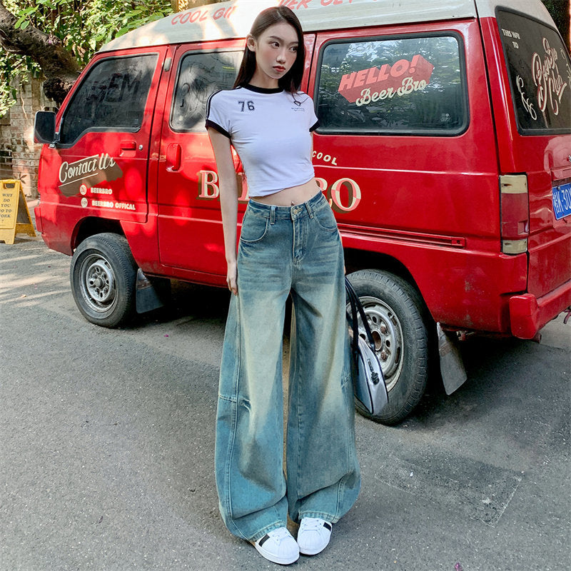 Retro Smocked Loose Flare Denim Pants for Women - Summer Casual Long Trousers