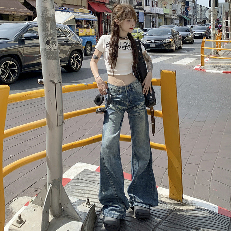 Women's Loose Denim Pants - Low Waist Straight Wide Leg Trousers